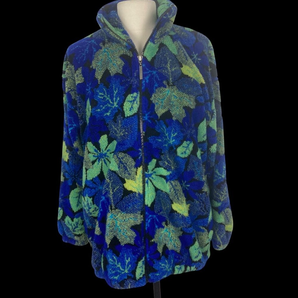 VTG Duffel Outdoor Womens Fleece Jacket Medium Blue Green Leaf Design Zip Front